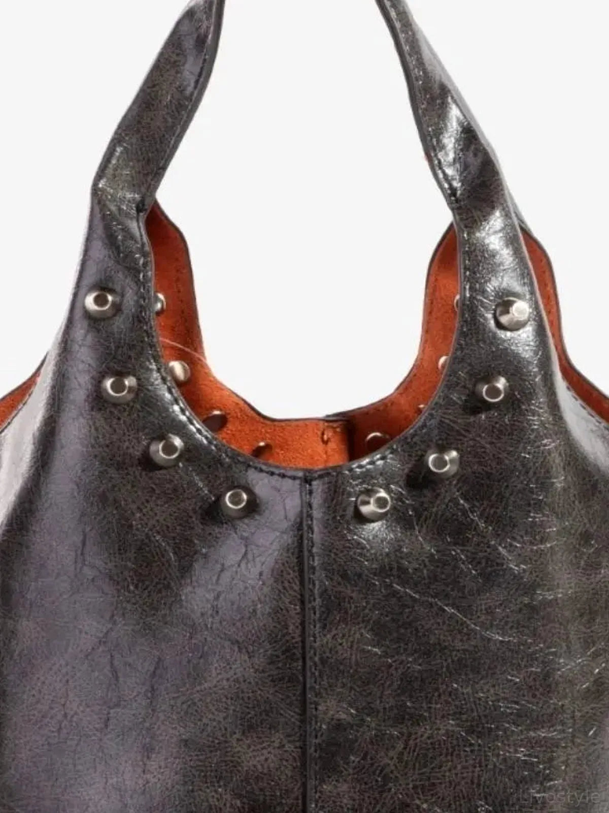 Weathered Faux Leather And Studs Bucket Bag — detail view — Livostyle