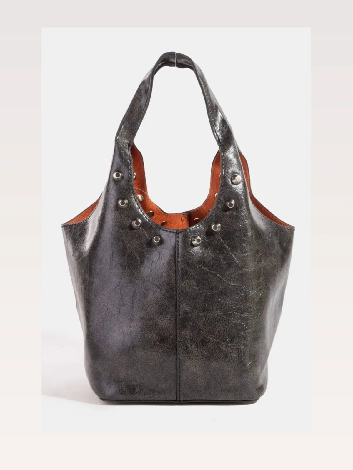Weathered Faux Leather And Studs Bucket Bag — styled showcase — Livostyle