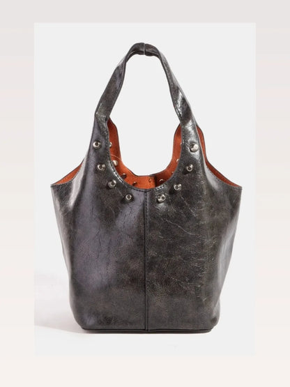 Weathered Faux Leather And Studs Bucket Bag — styled showcase — Livostyle