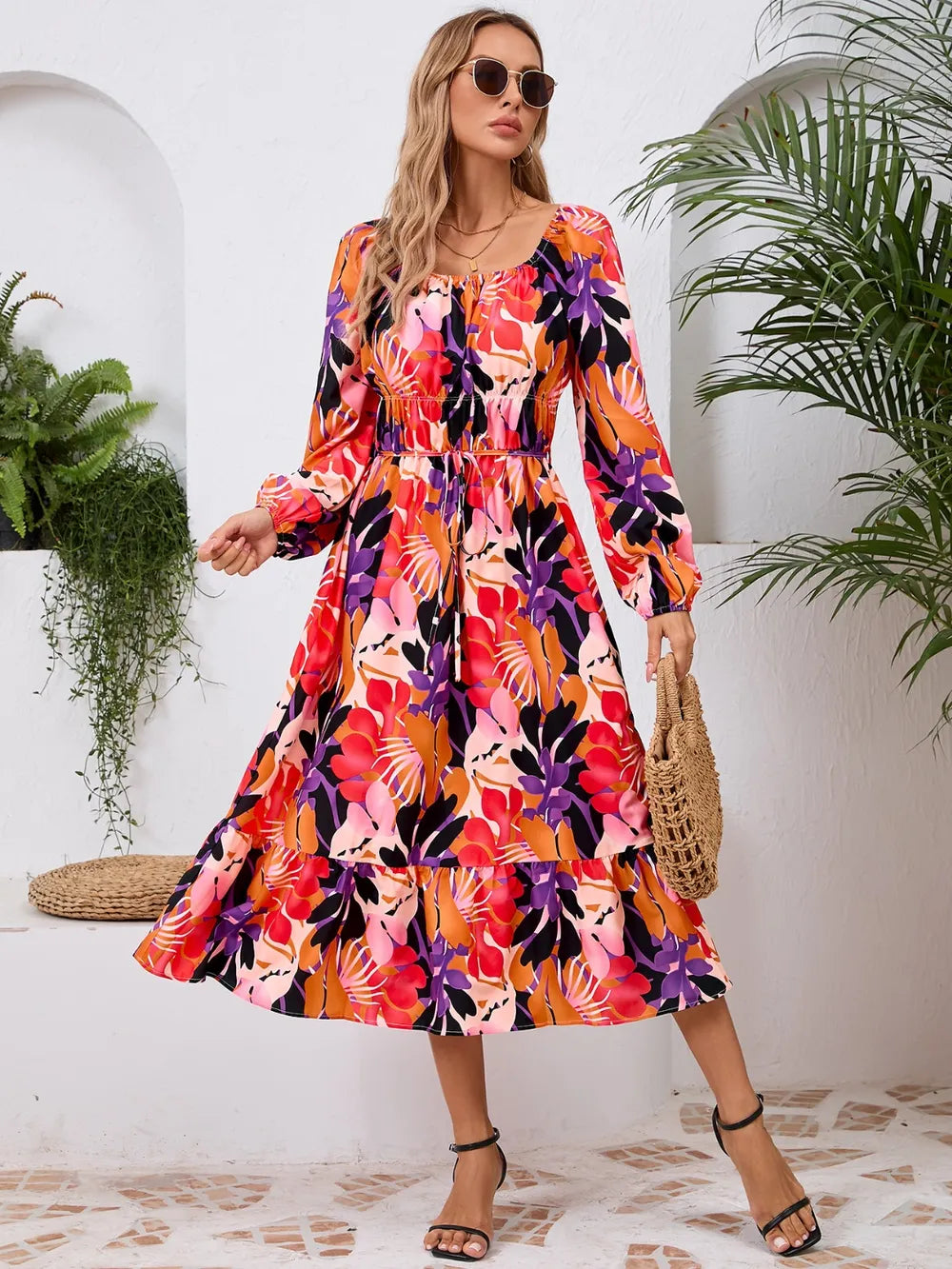 Printed Long Sleeve Midi Dress with Tie Detail – photo 2