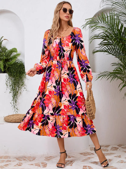 Printed Long Sleeve Midi Dress with Tie Detail – photo 2