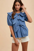 Stripe Front Bow Denim Peplum Blouse — Livostyle