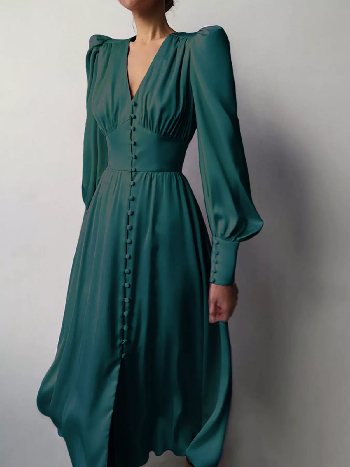 V-Neck Puff Sleeve Button-Down Midi Dress – photo 21