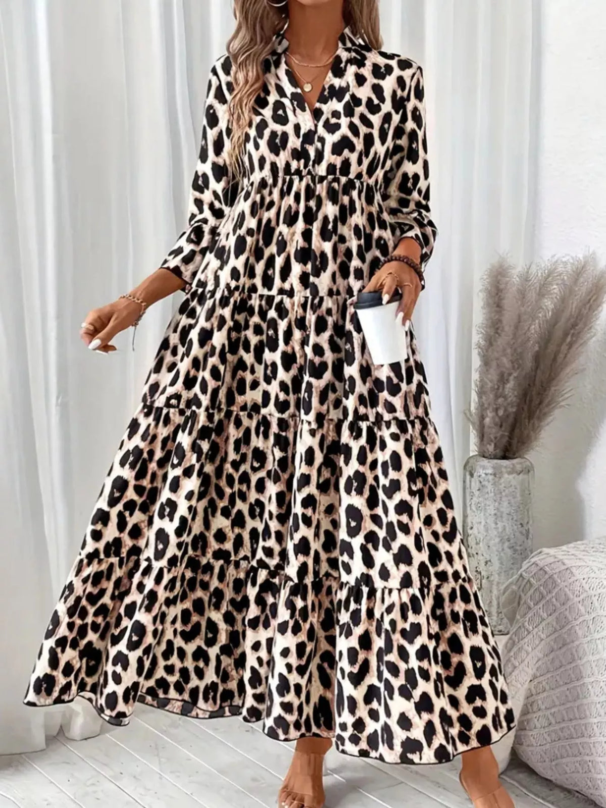 Leopard 3/4 Sleeve Ruched Midi Dress – photo 5