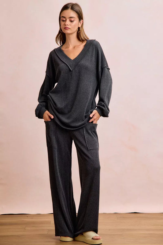 Two Tone Cord Rib Contrast Stitching V-Neck Top and Pants Set — Livostyle