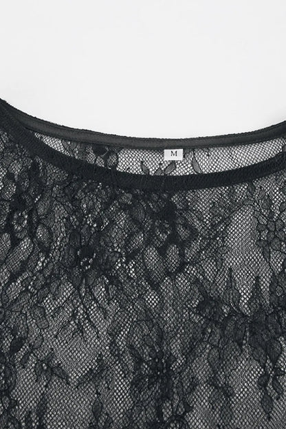 Fringe Round Neck Long Sleeve Lace Sheer Top styling — Livostyle