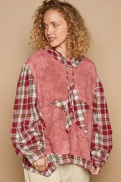 Star Patch Plaid Long Sleeve Hooded Top — Livostyle