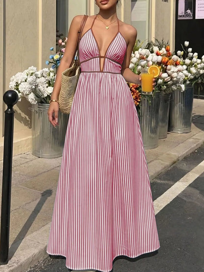 Striped Halter Neck Smocked Maxi Dress in Burgundy