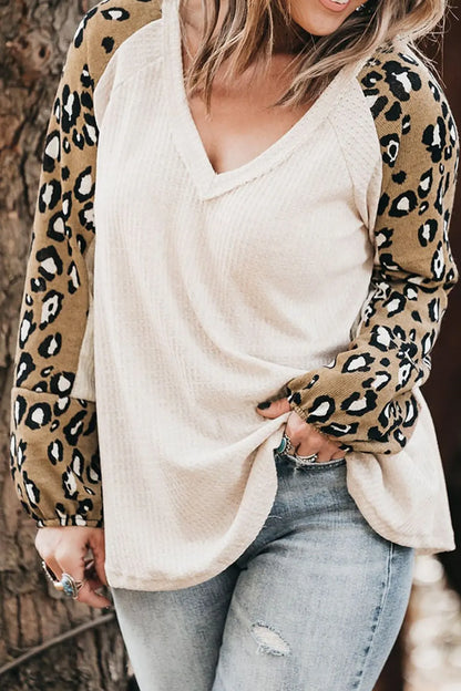 Leopard V-Neck Raglan Sleeve Blouse — Livostyle
