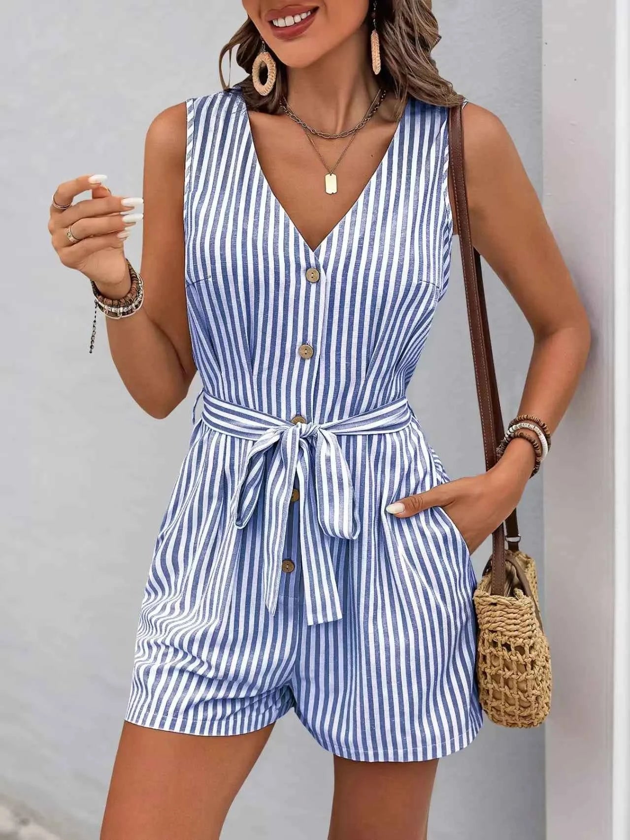 Striped V-neck Button Front Belted Romper