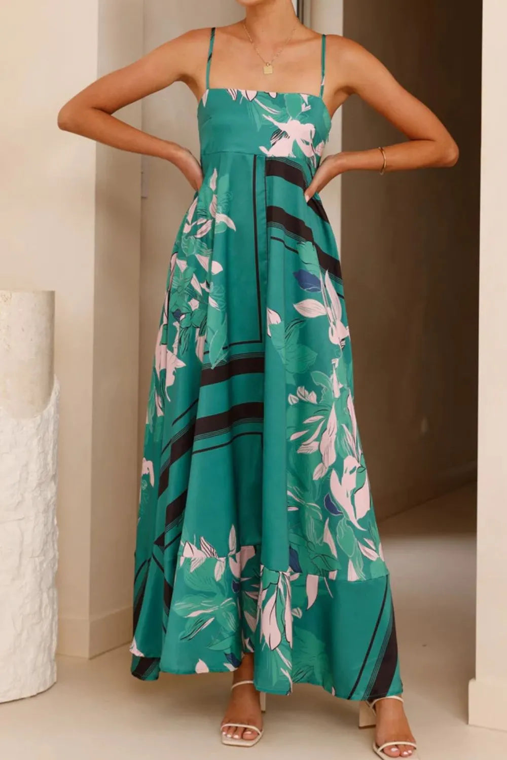 Printed Square Neck Cami Maxi Dress with Slit and Tie in Green Print