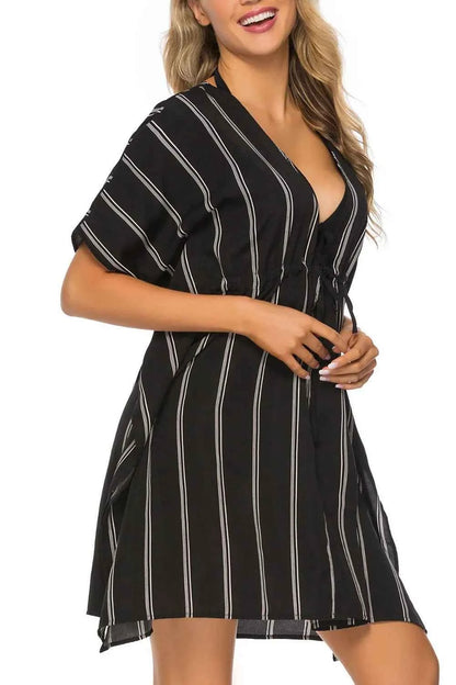 Drawstring Striped V-Neck Cover-Up