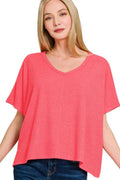 Ribbed V-Neck Short-Sleeve Knit Top in Coral — Livostyle