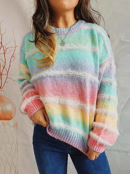 Striped Round Neck Long Sleeve Sweater — Livostyle