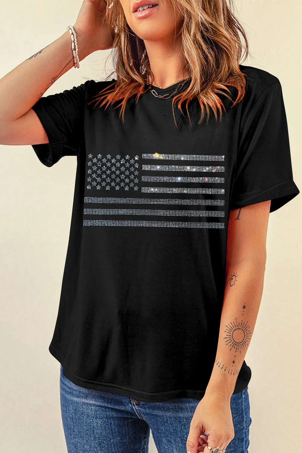 Rhinestone US Flag Round Neck Short Sleeve T-Shirt back view — Livostyle