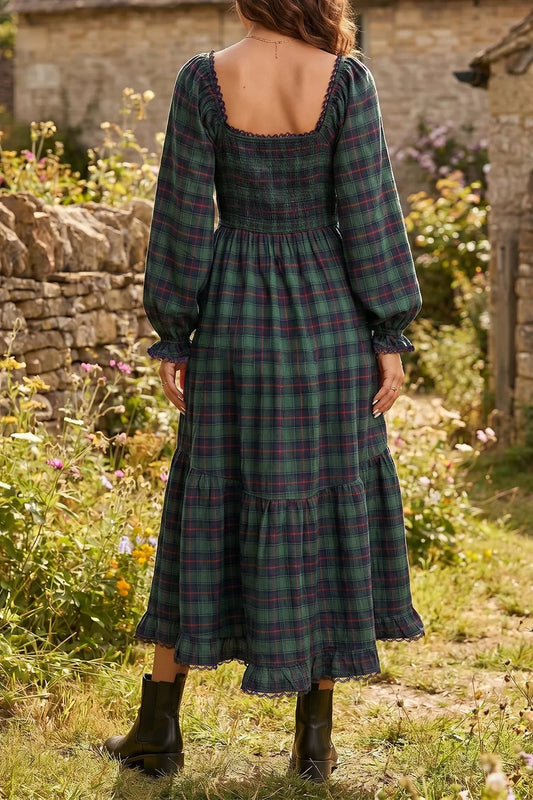 Plaid Tiered Long Sleeve Midi Dress with Tie
