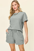Texture Short Sleeve T-Shirt and Drawstring Shorts Set — Livostyle
