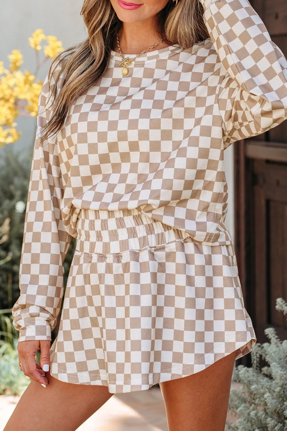 Checkered Long Sleeve Top and Skirt Two-Piece Set back view — Livostyle