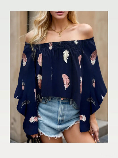 Stylish Off-Shoulder Feather Print Blouse — styled showcase — Livostyle