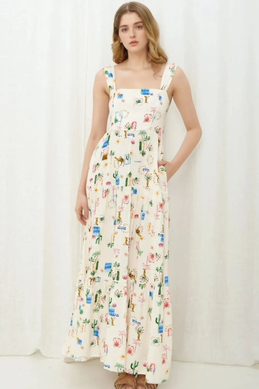 Printed Square Neck Wide Strap Tiered Tie Maxi Dress