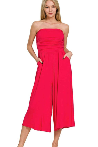 Double Layered Strapless Tube Top Jumpsuit in RUBY