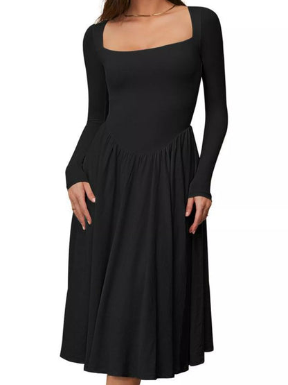 Square Neck Long Sleeve Midi Dress in Cotton Blend in Black