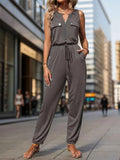 Drawstring Waist Sleeveless Jumpsuit with Zipper and Pockets in Dark Gray