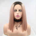 12" Lace Front Synthetic Wig in Pink with Black Roots, Mid-Length — Livostyle