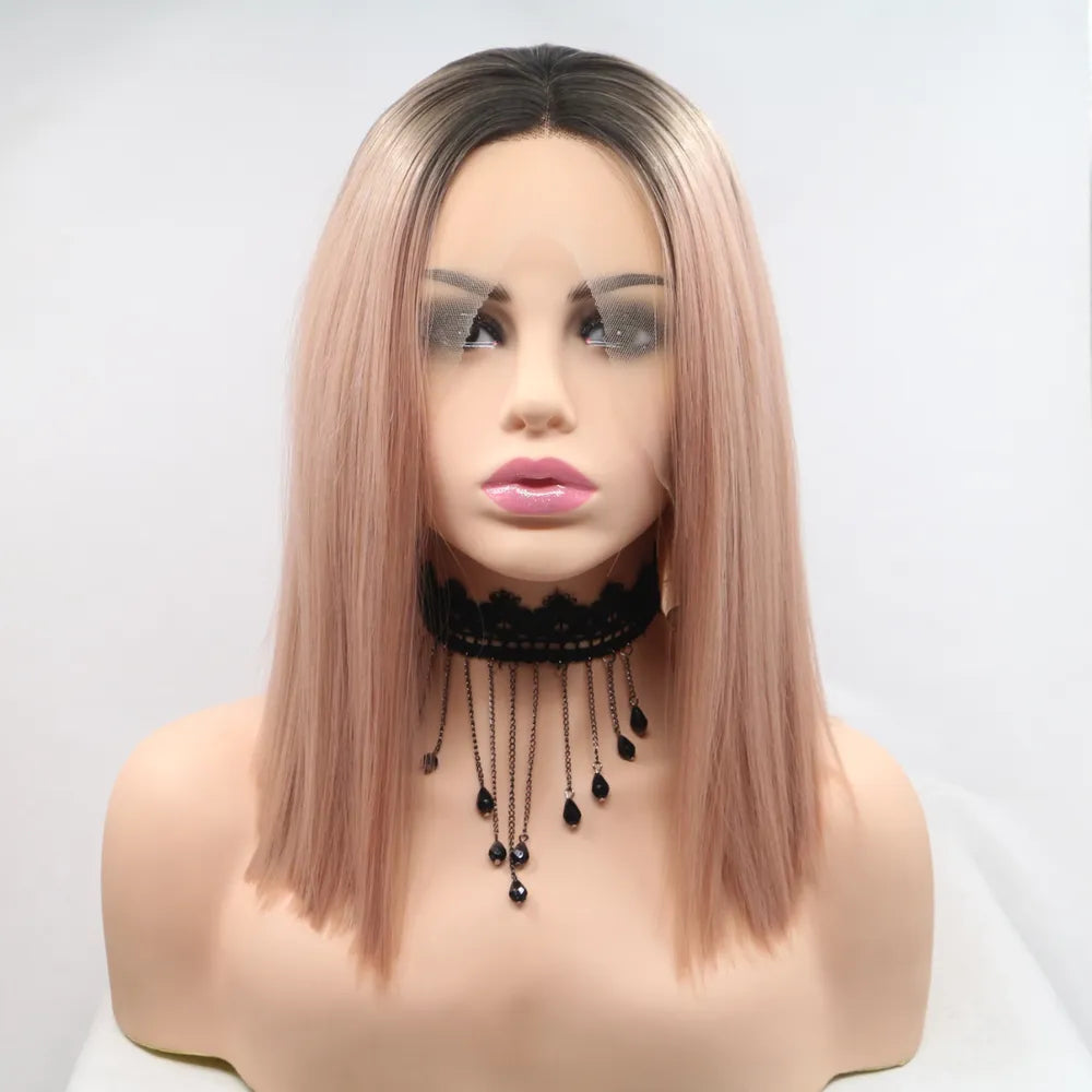 12" Lace Front Synthetic Wig in Pink with Black Roots, Mid-Length — Livostyle