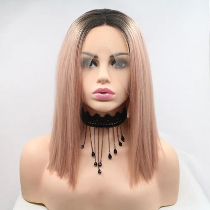 12" Lace Front Synthetic Wig in Pink with Black Roots, Mid-Length — Livostyle
