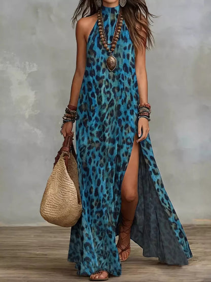 Leopard Print Sleeveless Maxi Dress with Side Slit in Blue