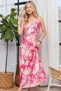 Printed Spaghetti Strap Maxi Dress with Pockets in Pink