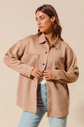 Faux Sued Snap Shacket with Collar and Pockets — Livostyle