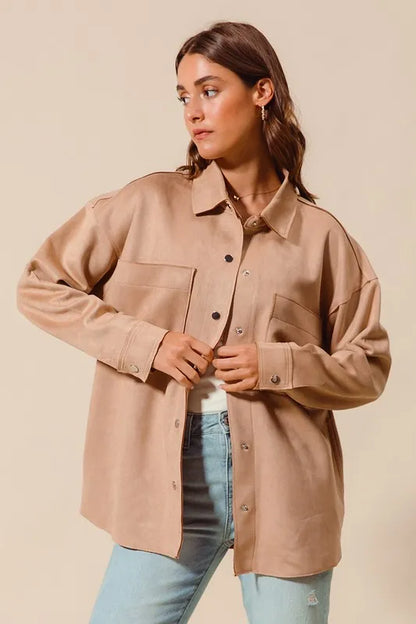 Faux Sued Snap Shacket with Collar and Pockets — Livostyle