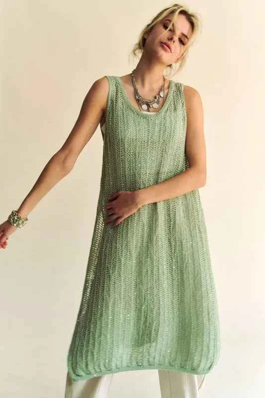 Davi & Dani Knit Side Slit Round Neck Sleeveless Dress & Bag