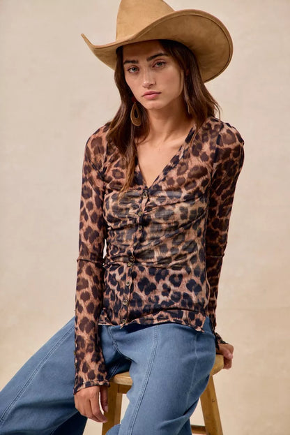 Leopard Printed Mesh Shirt With Button Up V Neck – photo 11