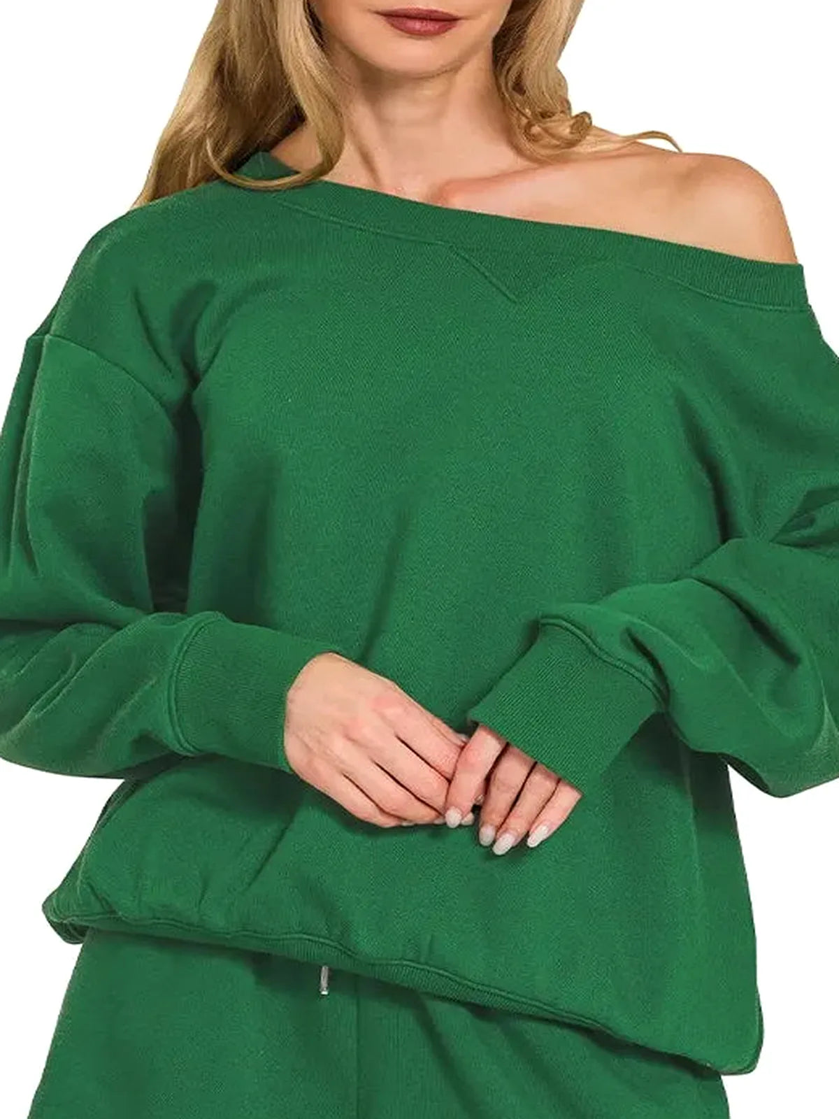 Fleece Boat Neck Sweatshirt and Shorts Set in DK GREEN — detail view — Livostyle