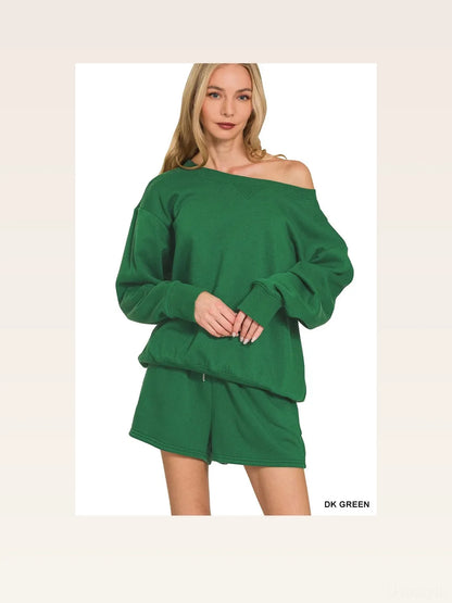 Fleece Boat Neck Sweatshirt and Shorts Set in DK GREEN — styled showcase — Livostyle