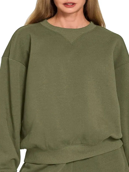 Fleece Long Sleeve Sweatshirts & Shorts Set in DK OLIVE — detail view — Livostyle