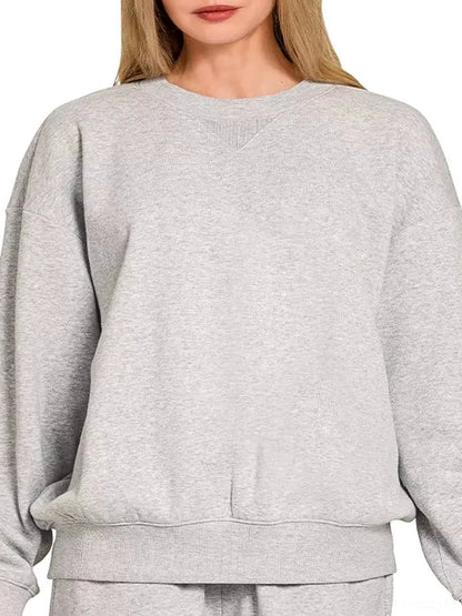 Fleece Long Sleeve Sweatshirts & Shorts Set in R H GREY — detail view — Livostyle