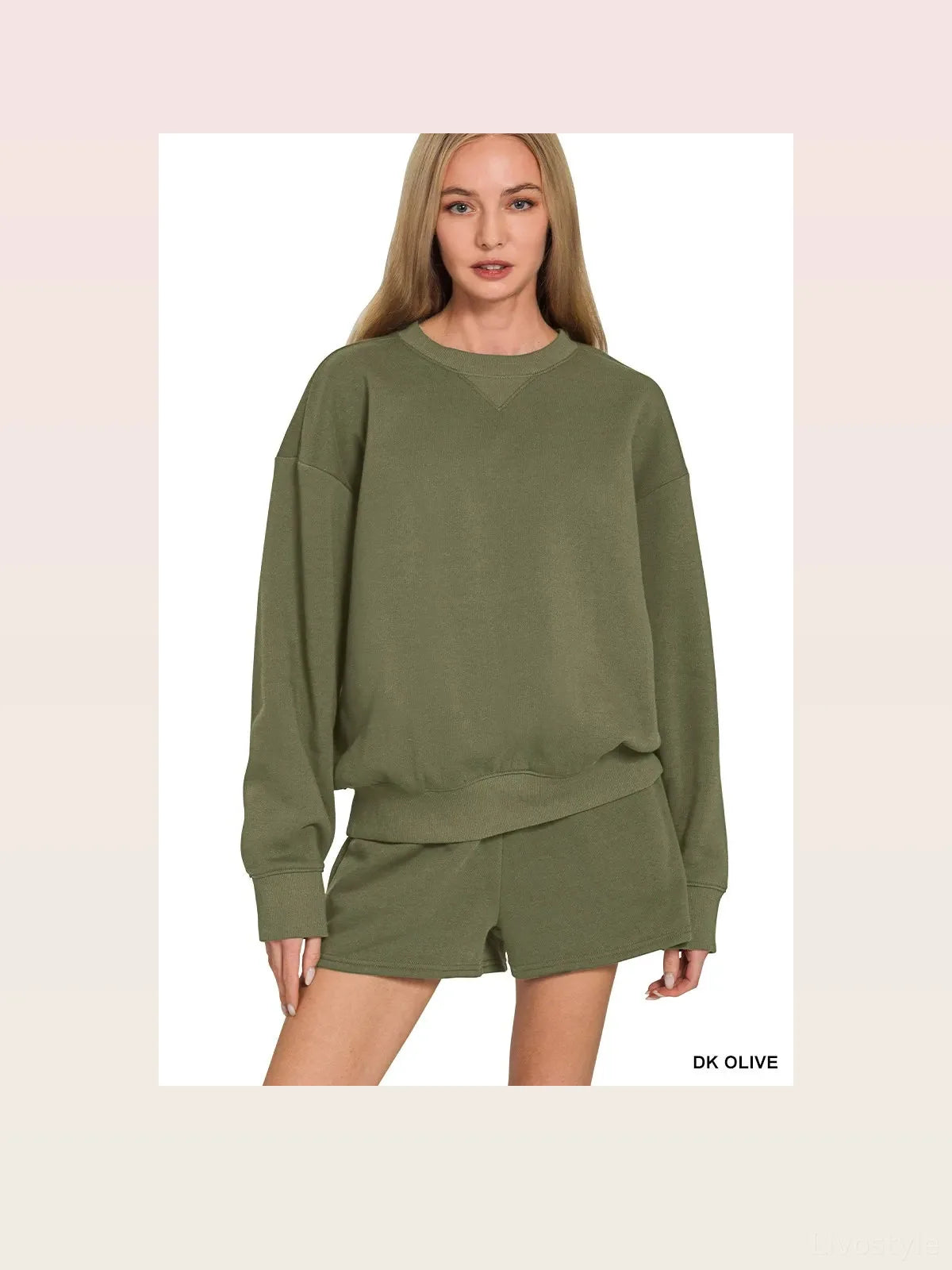 Fleece Long Sleeve Sweatshirts & Shorts Set in DK OLIVE — styled showcase — Livostyle