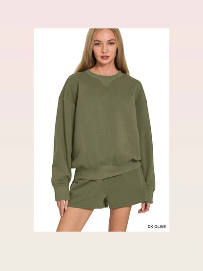 Fleece Long Sleeve Sweatshirts & Shorts Set in DK OLIVE — styled showcase — Livostyle