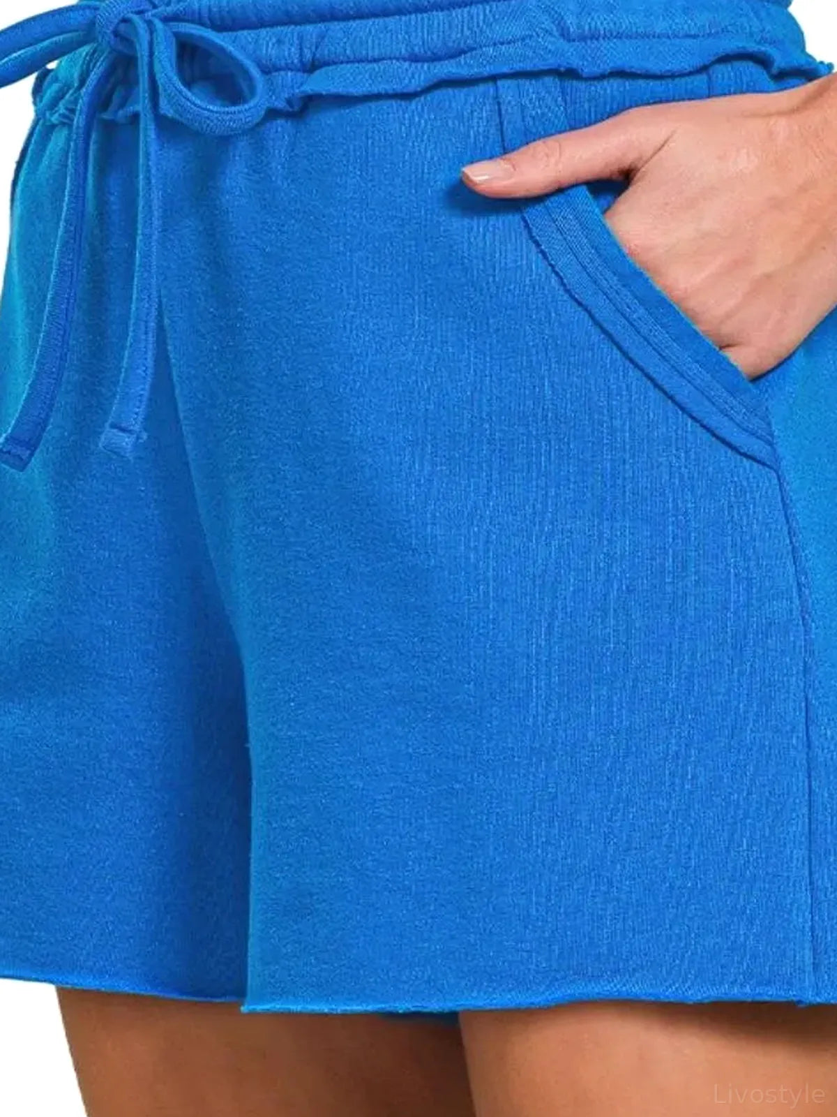 Fleece Raw Hem Shorts With Draw String — detail view — Livostyle