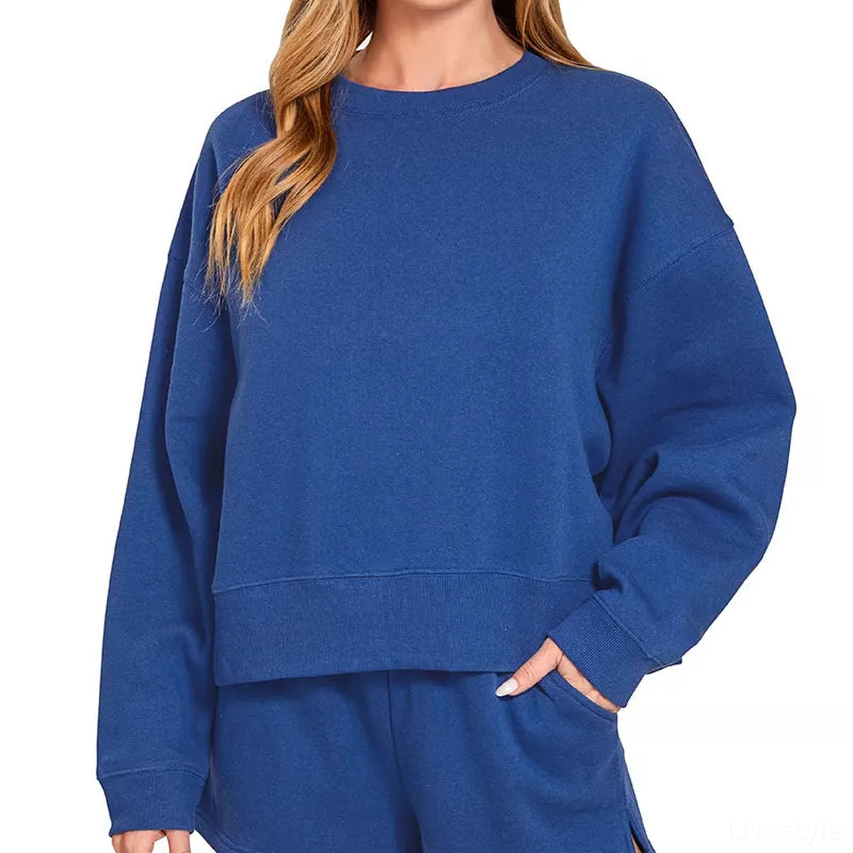 Fleece Round Neck Sweatshirt and Shorts Set — square view — Livostyle