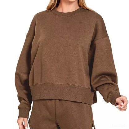 Fleece Round Neck Sweatshirt and Shorts Set in Brown — square view — Livostyle