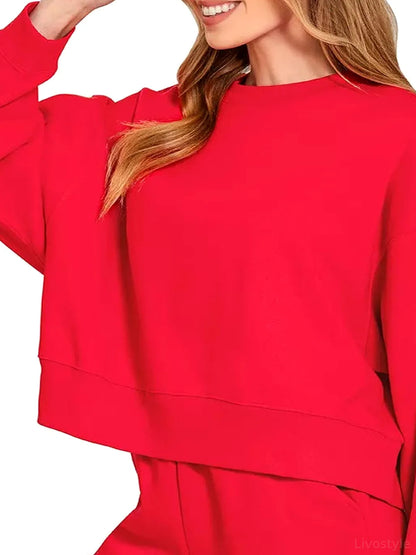 Fleece Round Neck Sweatshirt and Shorts Set in RUBY — detail view — Livostyle