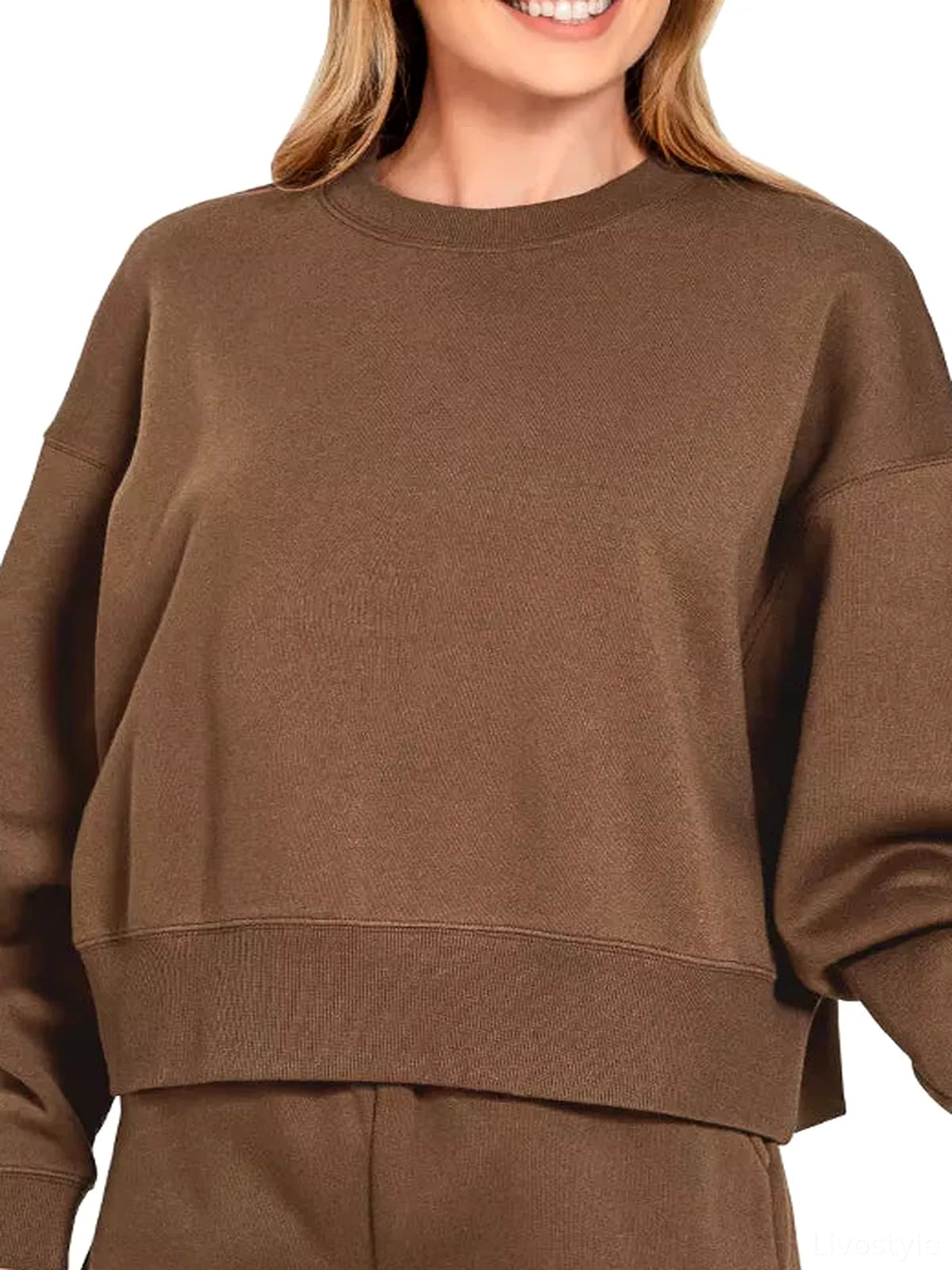 Fleece Round Neck Sweatshirt and Shorts Set in Brown — detail view — Livostyle