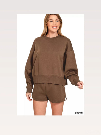 Fleece Round Neck Sweatshirt and Shorts Set in Brown — styled showcase — Livostyle