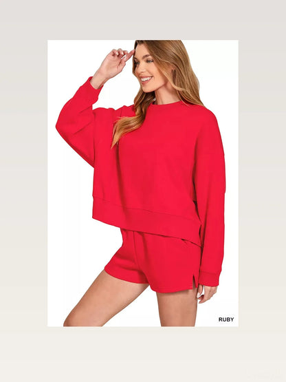 Fleece Round Neck Sweatshirt and Shorts Set in RUBY — styled showcase — Livostyle