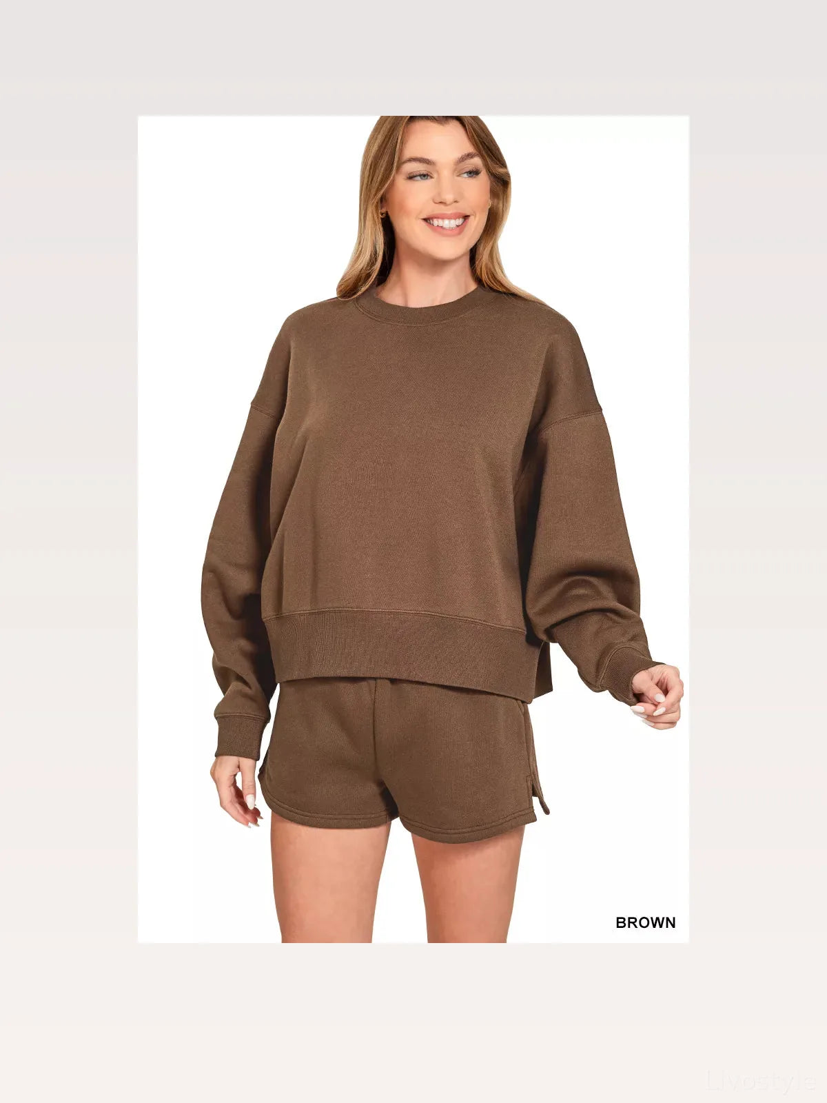 Fleece Round Neck Sweatshirt and Shorts Set in Brown — styled showcase — Livostyle
